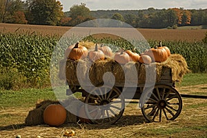 Illustration of a cart with pumpkins in a farm field