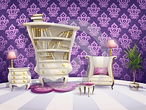 Illustration of a cartoon book cabinet with white furniture for little princesses