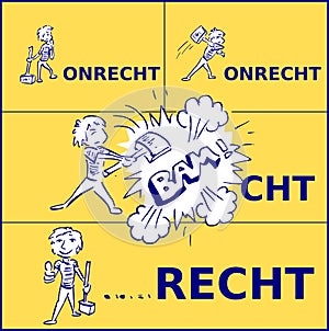 Illustration of a cartoon boy transforming the Dutch word `onrecht` to `recht`