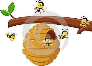 illustration of Cartoon branch of a tree with a beehive and a bee