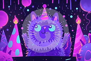 Illustration of a cartoon bright party purple cat wearing a party hat. Celebration atmosphere