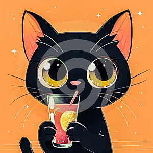 Illustration of a cartoon cat with a summer cocktail in its paws, cartoon style