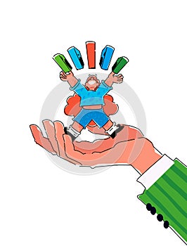 Illustration of a cartoon character with books or boxes. Vector. Mascot for the company. Metaphor big caring hand holds a man. Cha