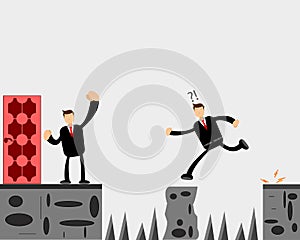 Illustration cartoon character of businessman goes through all the challenges in business to get to the goal