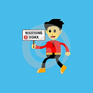 Illustration of a cartoon character holding a sign bearing a warning hoax