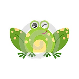Illustration of cartoon cheerful frog. Cute winking frog face