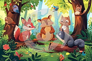 Illustration of a cartoon children's fairy tale about animals. Lively meeting of woodland creatures with curious