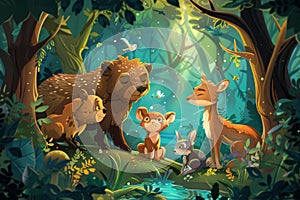 Illustration of a cartoon children's fairy tale about animals. Peaceful assembly of forest animals in a dappled