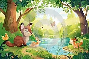 Illustration of a cartoon children's fairy tale about animals. Young forest critters playing by a pond, surrounded