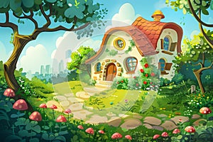 Illustration of a cartoon children's fairy tale. Cozy cottage with a curvy roof nestled in a magical forest, a