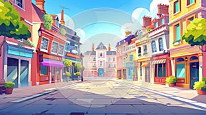 An illustration of a cartoon city street. London's Mayfair district. Perfect for a horizontal banner or photo