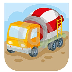 Illustration of cartoon concrete mixer at construction site, vector illustration