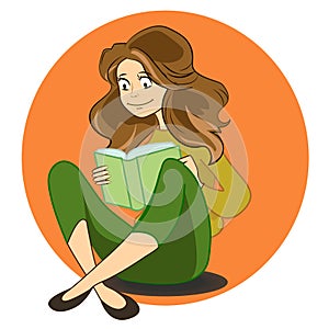 Illustration of cartoon cute girl reading book in library