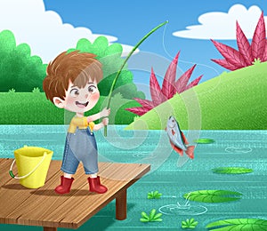 illustration cartoon of a cute little boy fishing