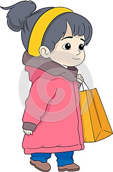 illustration of a cartoon doodle emblem, people like shopping, a girl is walking in winter, going to the market, carrying a bag