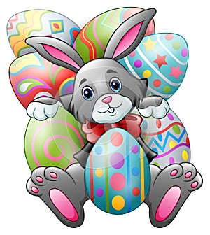 Cartoon Easter bunny carrying a basket full of eggs