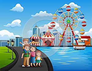 Cartoon of family vacation with amusement park background