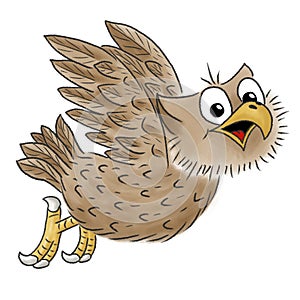 illustration of a cartoon flying owl on a white background