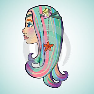 Illustration with cartoon of a girl with colorful hair