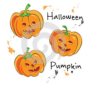 Illustration of cartoon halloween pumpkins with cute, funny and evil faces isolated on white. jack-o-lantern pumpkin