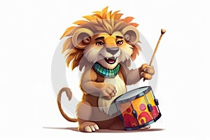 Illustration cartoon happy lion playing a drum isolated on a white background. Generative AI