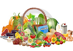Cartoon healthy foods contains of fruits and vegetables, protein, carbohydrate and milk
