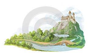 Illustration of cartoon landscape with castle, road to it, forest, mountains and hills, river. Fabulous view of the castle
