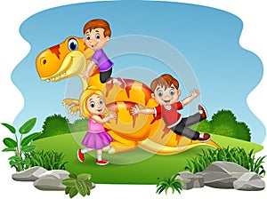 Cartoon little kid playing on the dinosaur