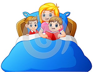 Cartoon mother reading bedtime story to her child on bed