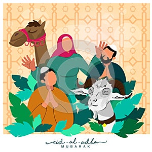 Illustration Of Cartoon Muslim Family with Goat, Camel Animal on Green Leaves Background For Eid-Al-Adha