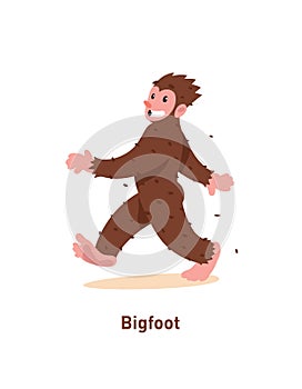 An illustration of a cartoon nice Bigfoot. Vector illustration. Brown Bigfoot is walking. Image is isolated on white background.