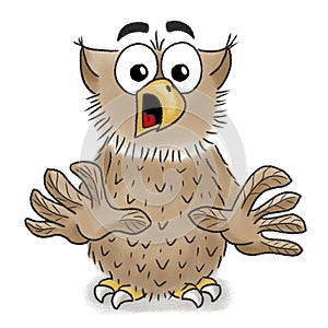 illustration of a cartoon owl that is scared on a white background