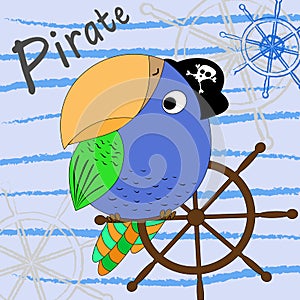 Illustration of a cartoon pirate parrot with a ship`s wheel. Vector illustration. Cartoon print.