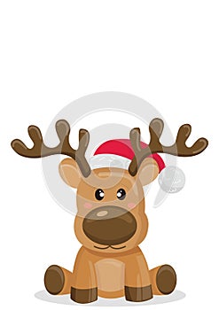 Illustration of cartoon reindeer wearing santa hat sitting on white background