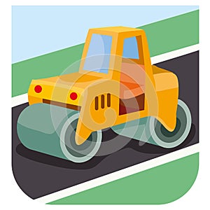 Illustration of cartoon road roller at construction site, vector illustration