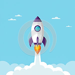 Illustration of a cartoon rocket launched into a clear blue sky. The rocket features a