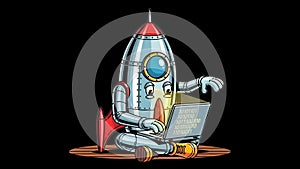 Rocket Programmer Cartoon Spaceship Coding on Laptop