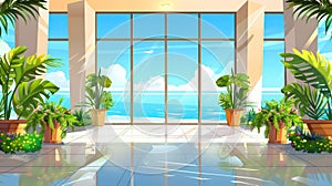 Illustration of a cartoon room interior with flower pots and glass walls. Modern illustration of a balcony, a modern