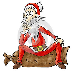 illustration of cartoon Santa Claus sitting pensively on a gift bag on white background