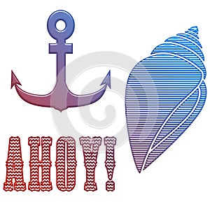 Illustration of a cartoon seashell, an anchor, and the writing 'ahoy!' on a white background
