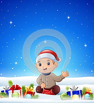 Cartoon sitting boy in the winter background with balls