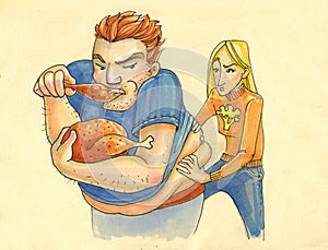 Illustration in cartoon style. big strong man and his little fragile woman