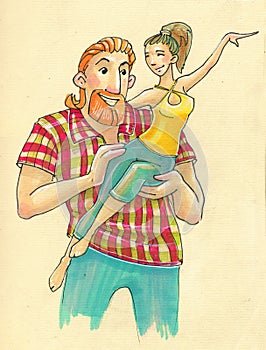 Illustration in cartoon style. big strong man and his little fragile woman