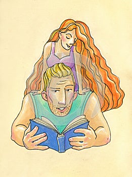 Illustration in cartoon style. big strong man and his little fragile woman. big man, blond reads woman a book