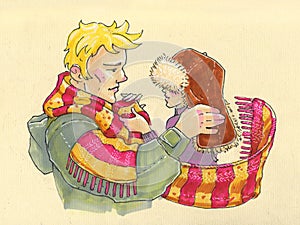 Illustration in cartoon style. big strong man and his little fragile woman caring, warm relationship, winter scarf