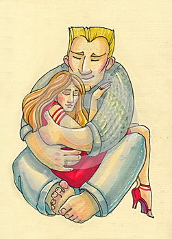 Illustration in cartoon style. big strong man and his little fragile woman. embrace. home man and fashion girl