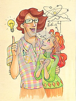 Illustration in cartoon style. big strong man and his little fragile woman. scientist and student,