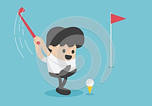 Illustration in cartoon style Business man playing golf