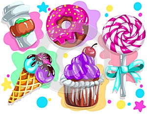 Illustration of cartoon sweets: coffee, donut, lolipop, icecreame and cupcake
