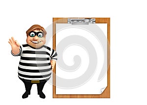 Illustration of cartoon thief with notepad